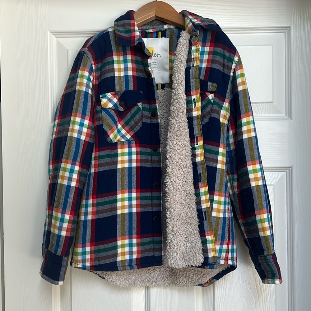 Mini Boden brushed flannel over shirt with borg lining, size 9/10